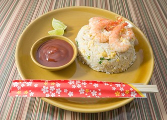 Delicious Shrimp Fried Rice on A Brown Plate