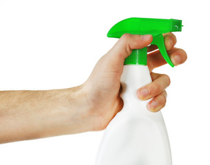 Male hand with sprayer isolated on white background