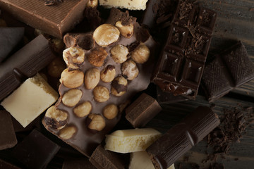 Set of chocolate with hazelnut, closeup