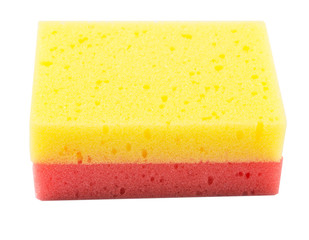 Red and yellow dish washing sponge over white background