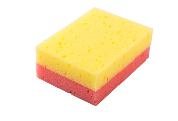 Red and yellow dish washing sponge over white background