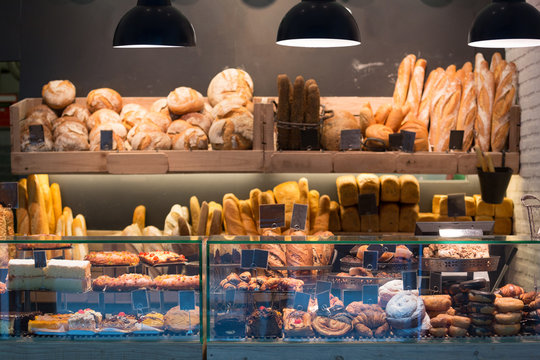 Modern bakery with different kinds of bread