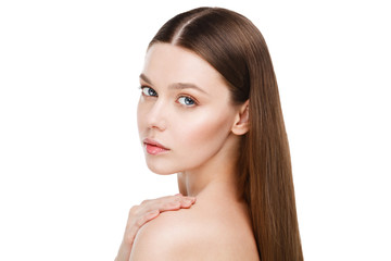 Naklejka premium Young beautiful brunette woman with natural makeup isolated