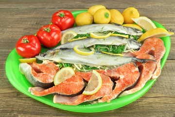 Large Dish With Fresh  Stuffed Fish And Salmon Steak