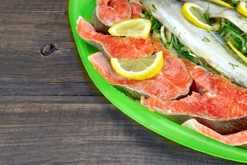 Large Dish With Fresh  Stuffed Fish And Salmon Steak