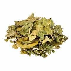 Dry mulberry leaves for medical use. Isolated on white.