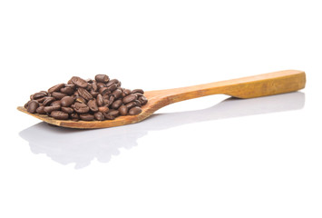 Roasted coffee beans on wooden spatula