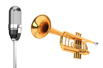 Naklejka premium Polished Brass Trumpet with Vintage silver microphon