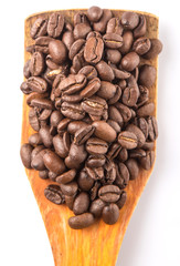 Roasted coffee beans on wooden spatula