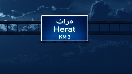 Herat Afghanistan Highway Road Sign at Night