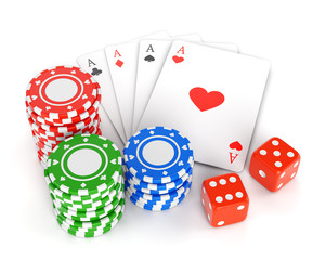 Casino chips, playing cards and dices