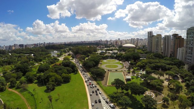 Aerial View of Ibirapuera Park and Skyline of Sao Paulo city