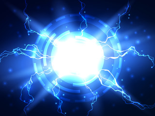 Intense Electrical Energy Discharge with Lightning Bolts - Science Background. Abstract blue lightning vector.
