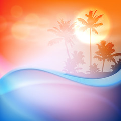 Water wave and island with palm trees