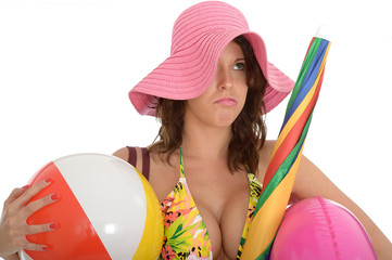 Young Woman Wearing a Swim Suit on Holiday Carrying a Beach Ball