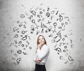 Drawn business icons over the concrete wall.
