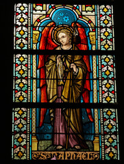 Stained glass in the Cathedral of Luxemburg of Saint Raphael.