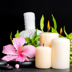 Fototapeta na wymiar spa setting of hibiscus flower, twig bamboo, thai herbal compres