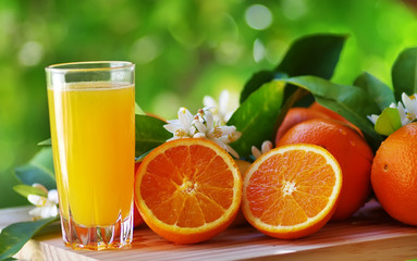 Orange juice in glass, blossom and slice of orange fruit