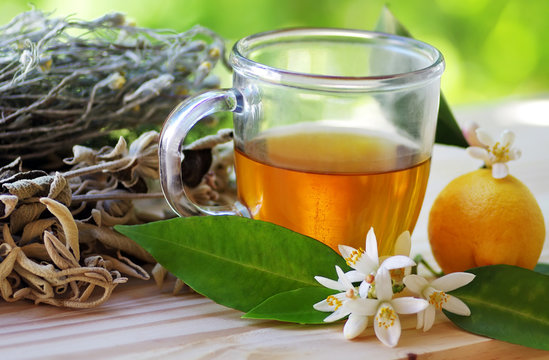 cup of herbal tea and lemon on table