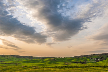 Sunset over the fields in Tuscany, near Pienza, Italy