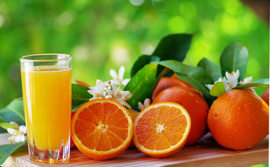 Orange juice in glass, blossom and slice of oranges