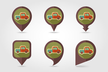 Pickup truck flat mapping pin icon with long shadow