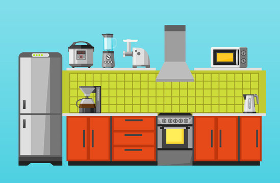 Kitchen with furniture and appliances. Flat style.