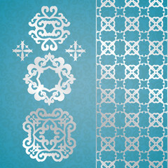 Silver pattern, blue background.