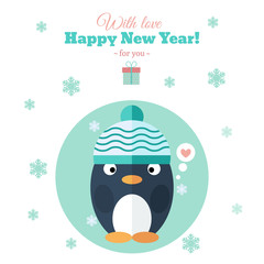 Holiday card with penguin in flat