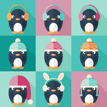 Penguins icons set in flat design