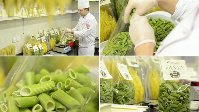 montage - chef puts dried pasta into bags