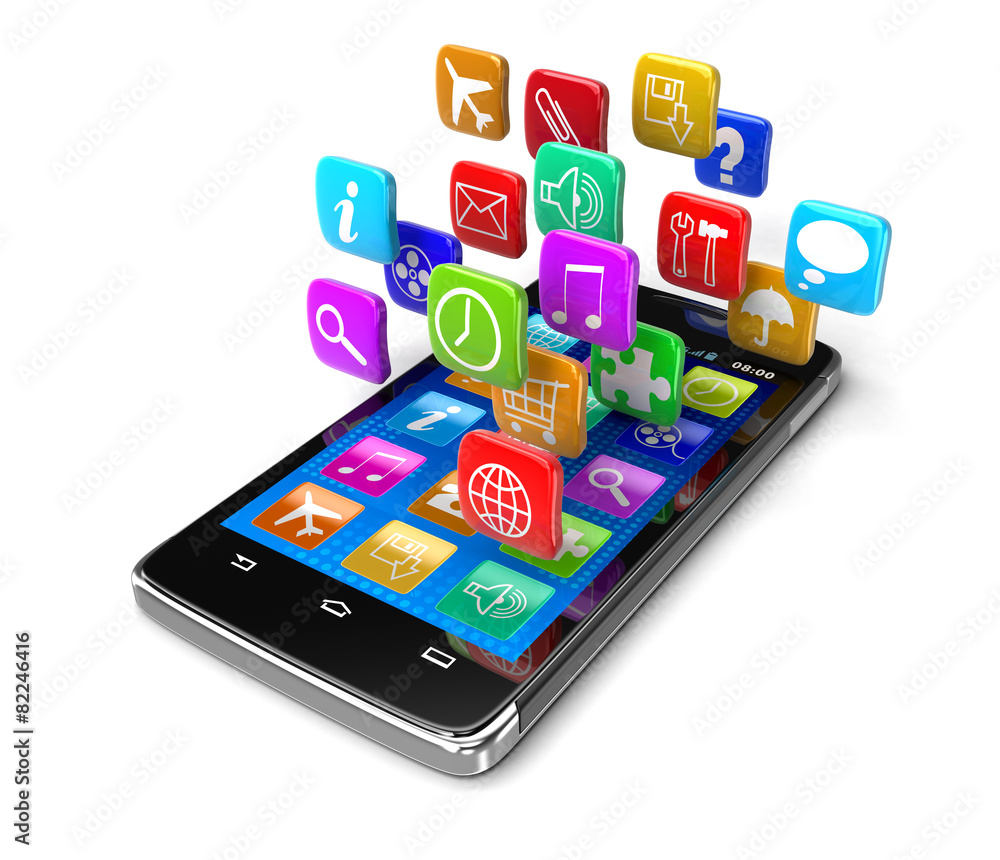 Poster touchscreen smartphone with pictograms (clipping path included)