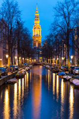 Fototapeta premium South Church Zuiderkerk Amsterdam at dusk