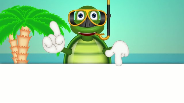 Funny turtle with diving mask under water comic cartoon