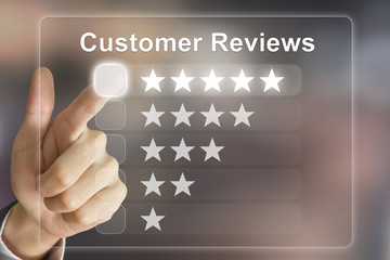 business hand pushing customer reviews on virtual screen - 82247431