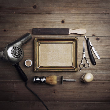 Barber tools with kraft canvas in a frame