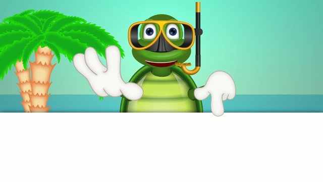 Funny turtle with diving mask under water comic cartoon
