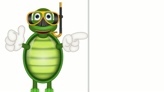 Funny turtle with diving mask under water comic cartoon