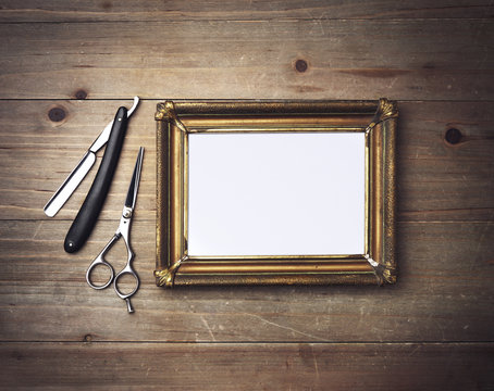 Picture frame and vintage barber tools