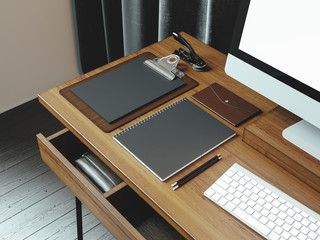 Mock up of generic design computer screen and workspace. 3D rend