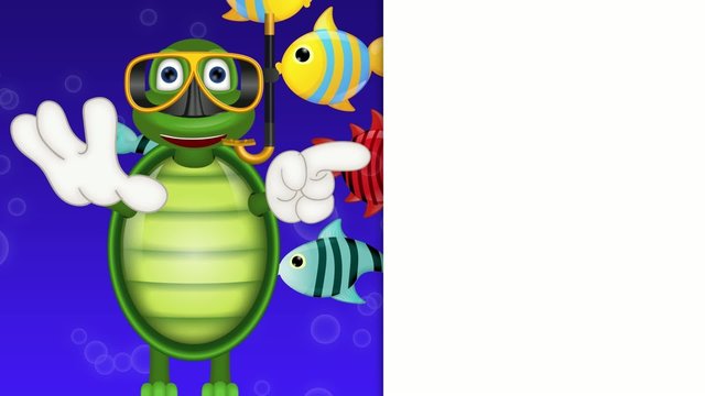 Funny turtle with diving mask under water comic cartoon