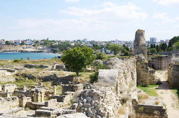 Fototapeta na wymiar Chersonese, ruins of defensive walls and view Quarantine Bay.