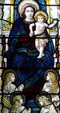 Mary, Jesus and 4 girls in stained glass