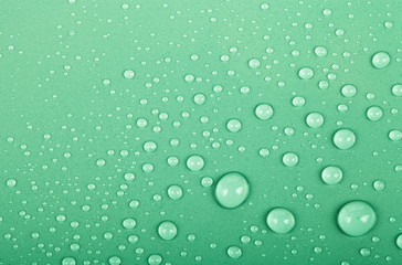 Drops of water on a color background. Green. Shallow depth of fi