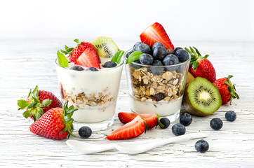 Healthy breakfast with muesli in glass, fresh berries and yogurt