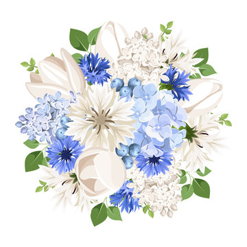 Bouquet of white and blue flowers. Vector illustration.
