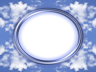 Blue, oval picture frame with background of clouds and copy spac