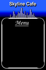 Cafe menu board in black and blue with skyline design and copy s