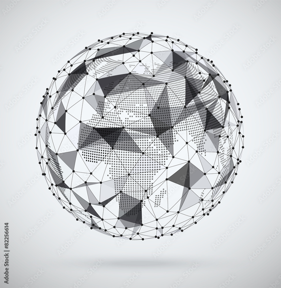 Poster global network, sphere with a pixel map inside. abstract geomet